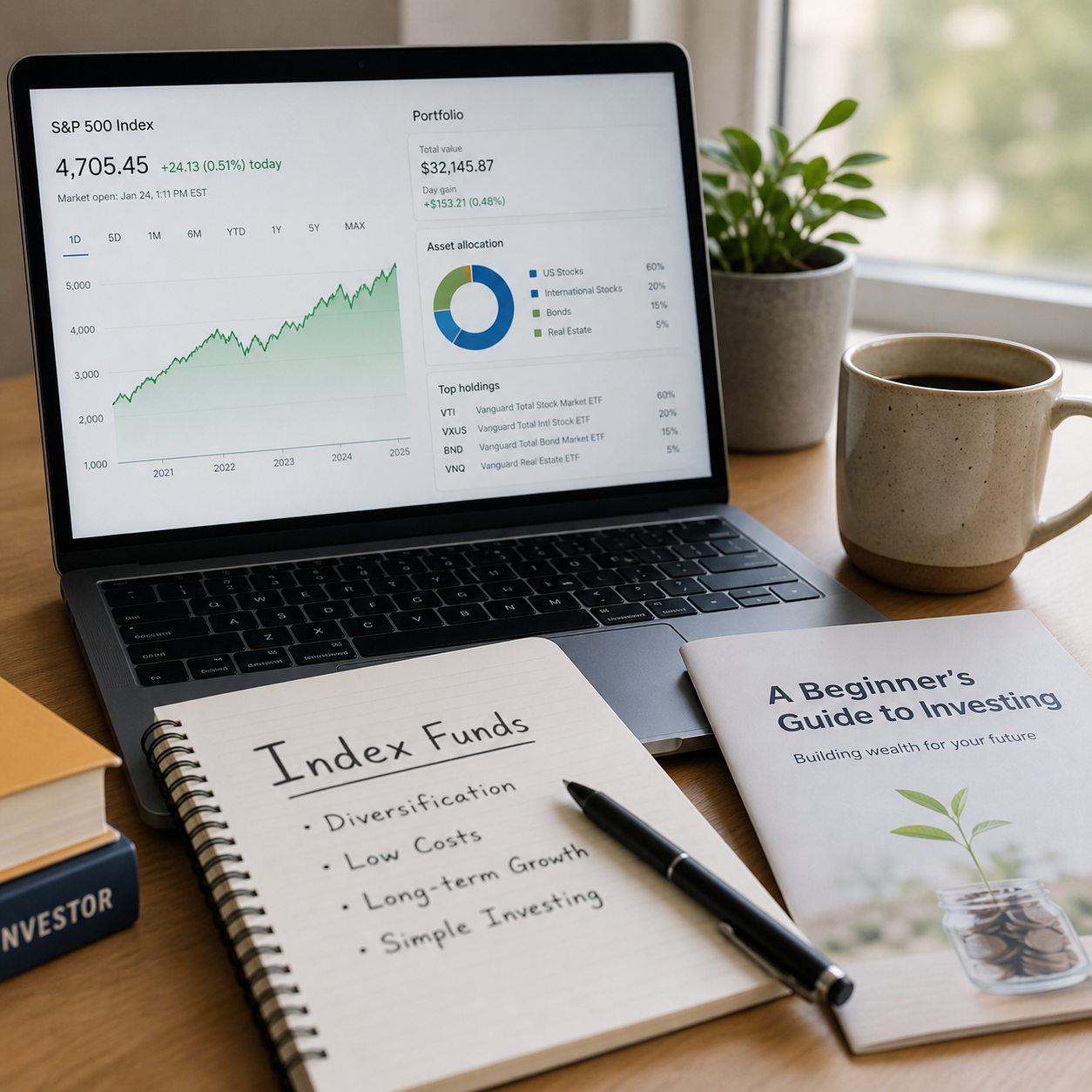Clean investing image showing financial charts and long-term index fund investing